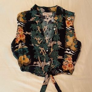 Hawaiian front tie button up crop